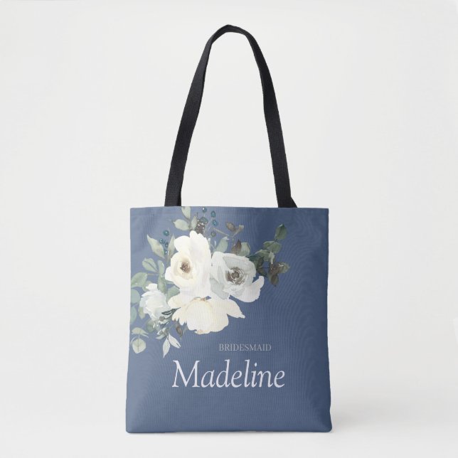 Bolso De Tela Azul y Floral blanco, azul turbio (Anverso)