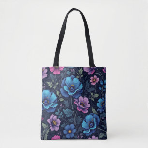Bolso De Tela Azul y Floral Malva