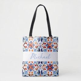 Bolso De Tela Azulejo Floral Español Azul Y Rojo