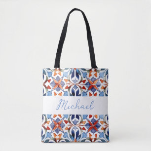 Bolso De Tela Azulejo Floral Español Azul Y Rojo