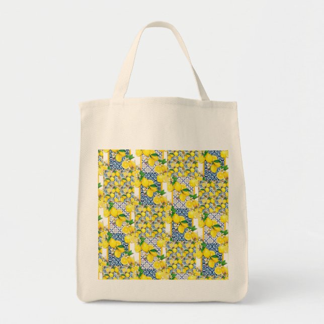 Bolso De Tela Azulejo portugués limón mediterráneo Santorini (Frente)