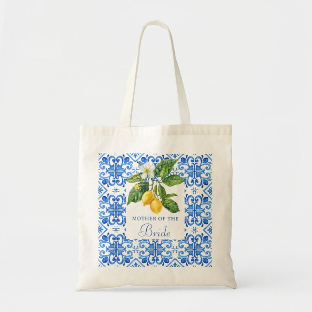 Bolso De Tela Azulejos azules mediterráneos lemons madre novia (Frente)