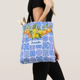 Bolso De Tela Azulejos mediterráneos de cítricos amarillo azul s