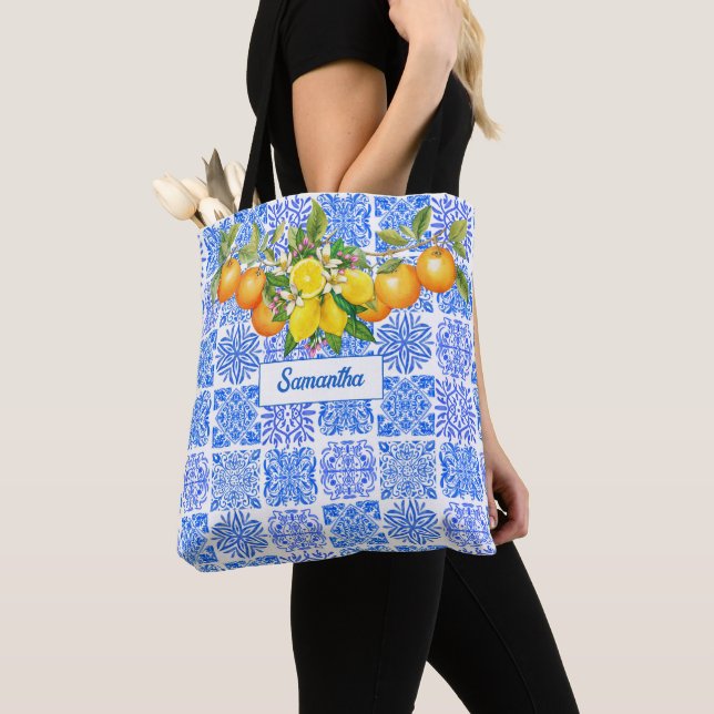 Bolso De Tela Azulejos mediterráneos de cítricos amarillo azul s (Detalle)
