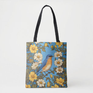 Bolso De Tela Azulillo Oriental Alegre Flores Amarillas y Blanca