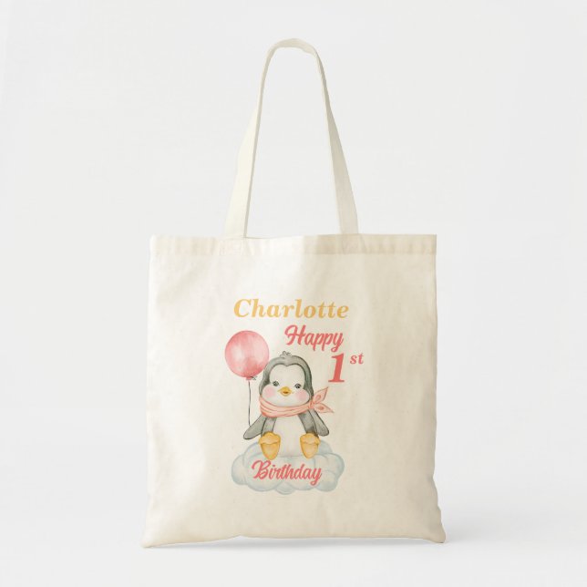 Bolso De Tela Baby Penguin Happy 1º cumpleaños Tote Bag (Frente)