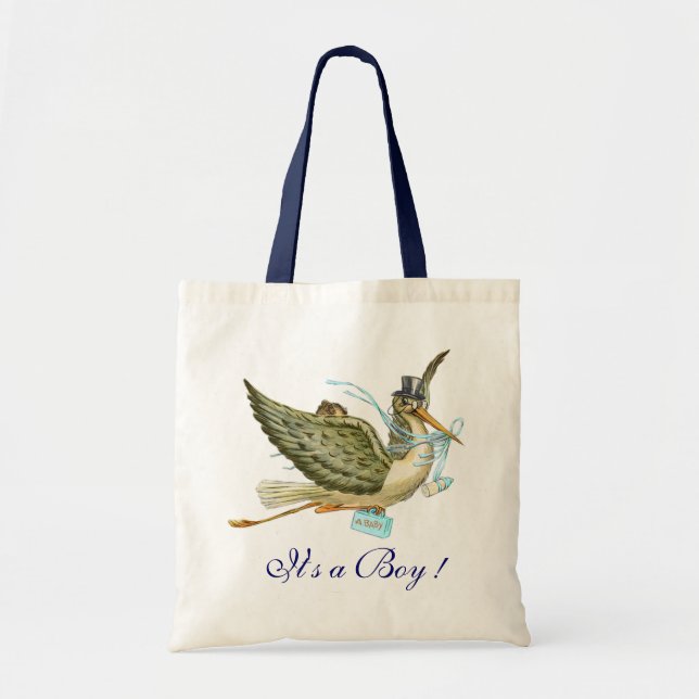 Bolso De Tela BABY SHOWER, azul blanco "Es un chico" (Frente)