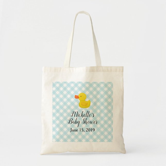 Bolso De Tela Baby Shower Blue Gingham Rubber Duckie (Frente)