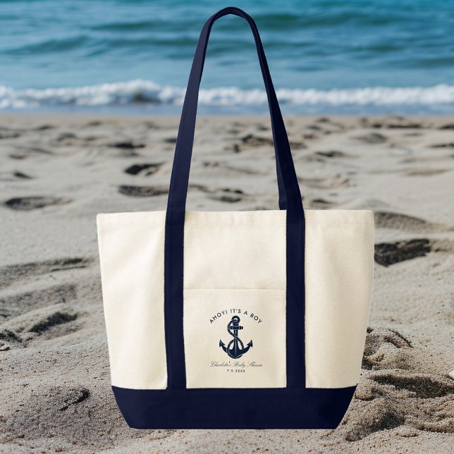 Bolso De Tela Baby Shower de anclaje azul de la marina (Nautical Anchor Navy Blue Boy Baby Shower Tote Bag)