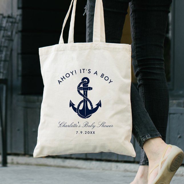 Bolso De Tela Baby Shower de anclaje azul de la marina náutica p (Nautical Anchor Boy Baby Shower Tote Bag)