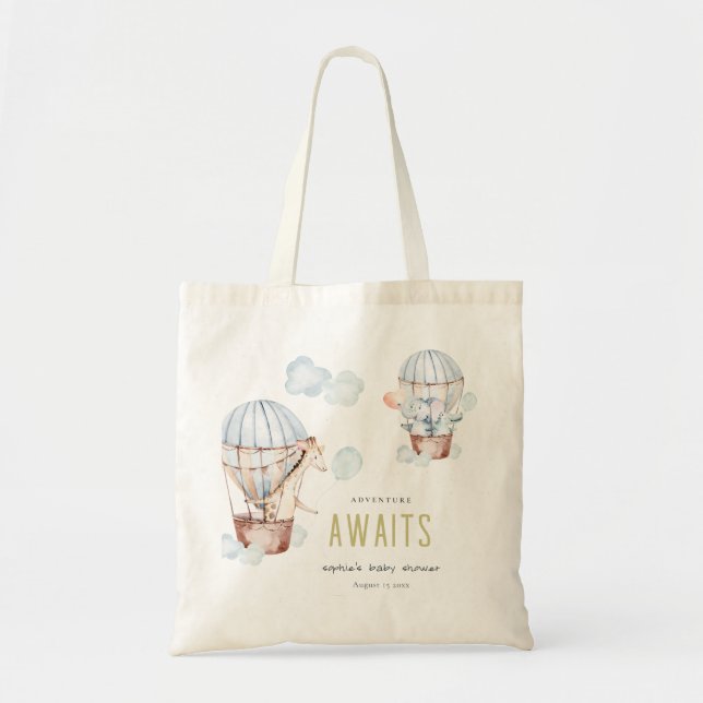 Bolso De Tela Baby Shower de animales azulados de globo aerostát (Frente)