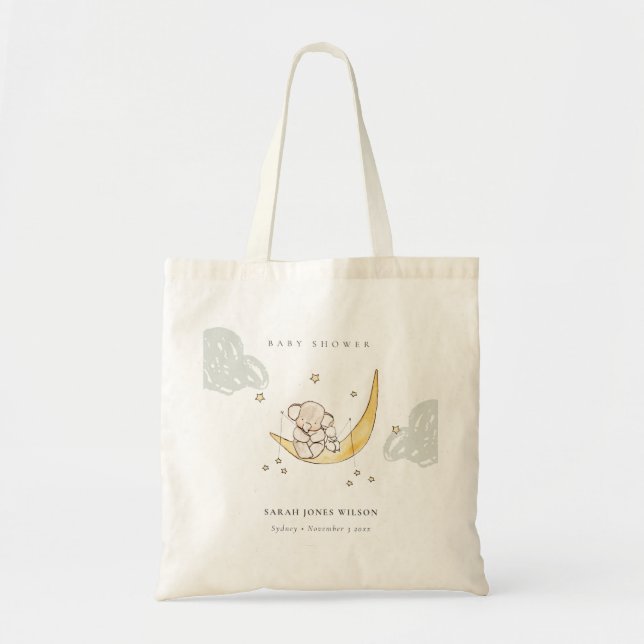 Bolso De Tela Baby Shower Neutral para elefante conejo de luna c (Frente)