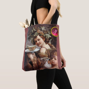 BOLSO DE TELA BACCHUS, GRAPAS Y MONOGRAMA DE PIEDRA DE VINO BLAN