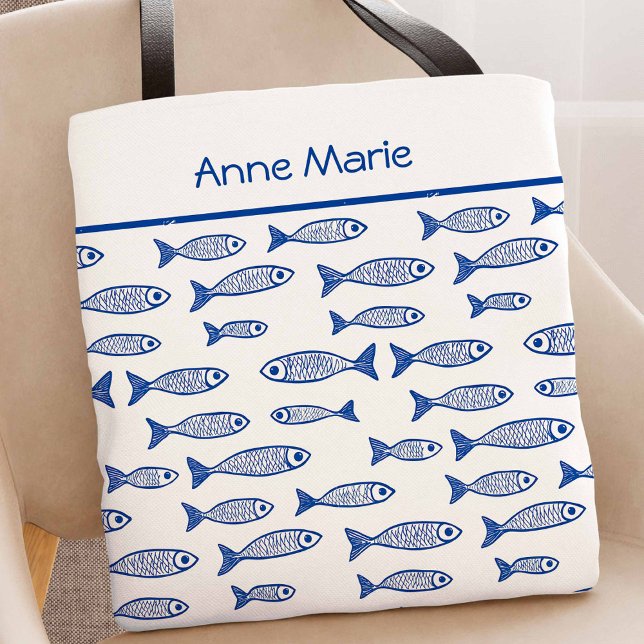 Bolso De Tela Bachelorette de pescado azul y de novia blanca (Coastal Blue Fish Tote Bag)