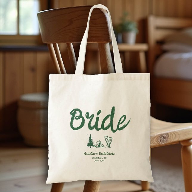 Bolso De Tela Bachillerato de campo de novia mano dibujada de es (camp bachelorette bride tote bag handwriting hand written camping glamping hiking bach)