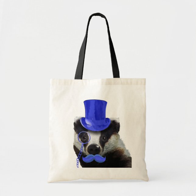 Bolso De Tela Badger con sombrero azul superior y bigote (Frente)