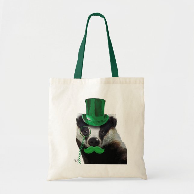 Bolso De Tela Badger con sombrero verde superior y bigote (Frente)