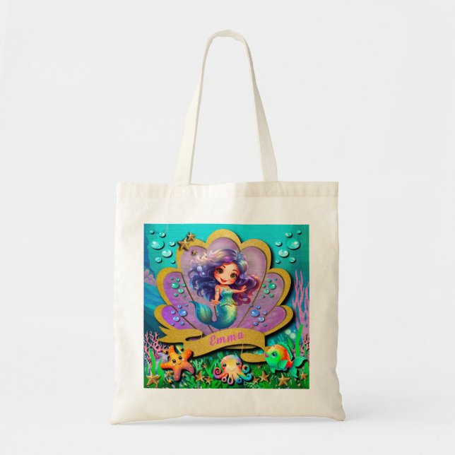 Bolso De Tela Bajo el mar y la sirena Fiesta Chica de cumpleaños (Frente)