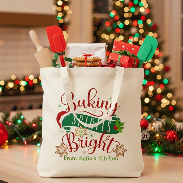 Bolso De Tela Baking Spirits Brillantes Festividades Personaliza (Baking Spirits Bright Festive Custom Holiday Tote Bag. Just add your name or special text.)
