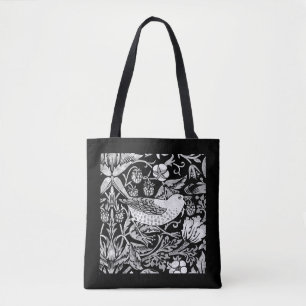 Bolso De Tela Baldosas William Morris para aves y flores, negro 