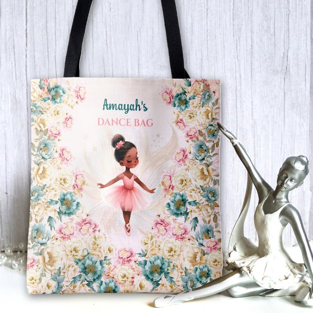Bolso De Tela Ballerina Chica de piel oscura danza Verde azulada (Ballerina Dark Skin Girl Pink Teal Floral Dance Tote Bag)