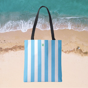Bolso De Tela Banda azul de cabana y monograma verde personaliza
