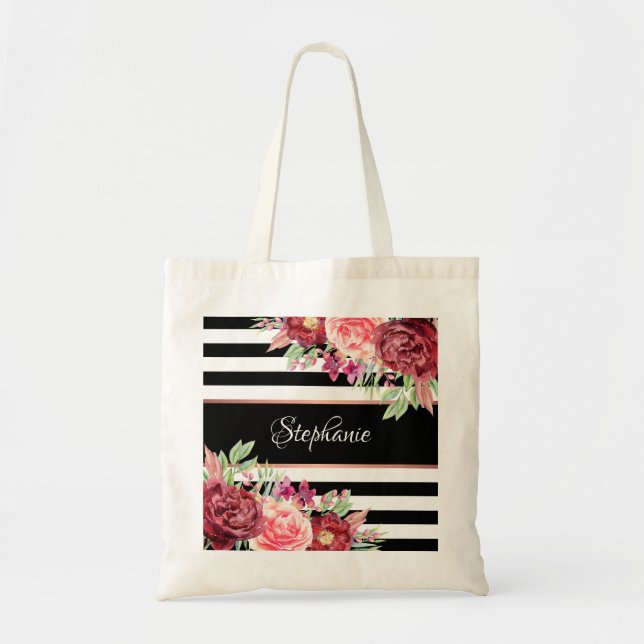 Bolso De Tela Banda blanca negra floral moderna personalizada (Frente)
