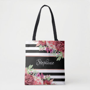 Bolso De Tela Banda blanca negra floral moderna personalizada