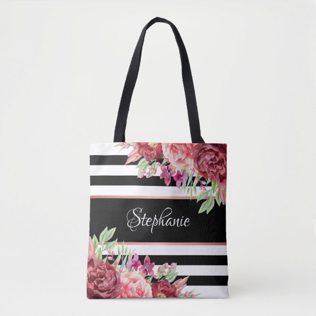 Bolso De Tela Banda blanca negra floral moderna personalizada (Anverso)