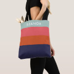Bolso De Tela Banda de color moderna banda ancha Personalizada<br><div class="desc">Un diseño de rayas geométricas de bloques de color moderno en una atrevida paleta de colores de verde azulado,  rojo,  rosa oscuro y azul marino,  personalizada con tu nombre.</div>
