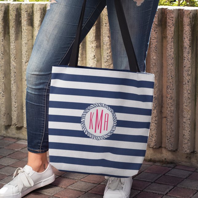 Bolso De Tela Banda de la Armada Náutica Preppy y Monograma Rosa (Subido por el creador)