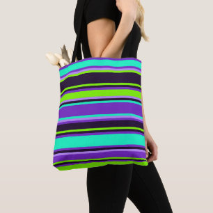 Bolso De Tela Bandas audaces en morado, Aqua y Chartreuse Tote B