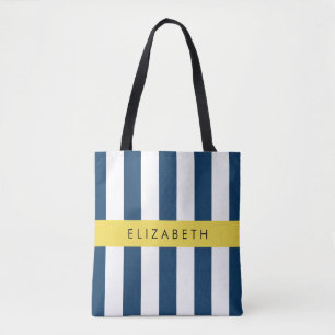 Bolso De Tela Bandas azules de la marina, patrón rayado, tu nomb