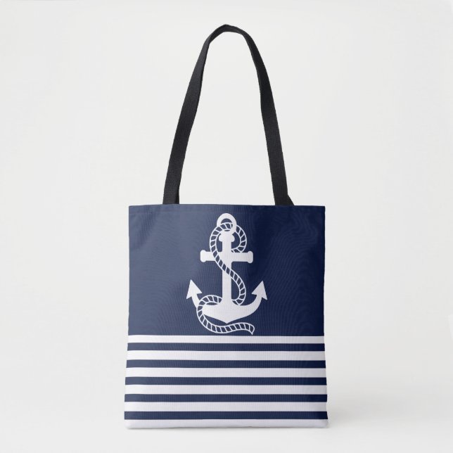 Bolso De Tela Bandas blancas azules de la Marina Náutica y ancla (Anverso)