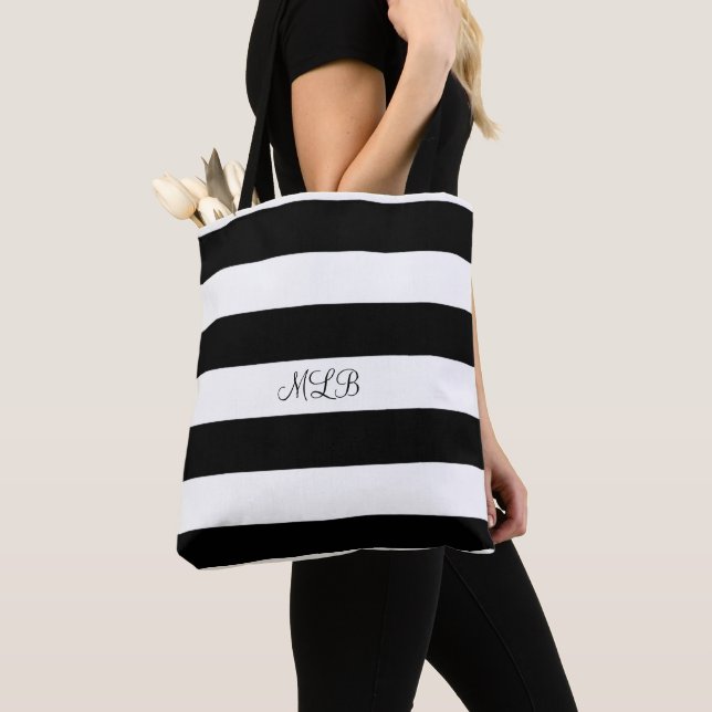 Bolso De Tela Bandas clásicas en blanco y negro y monograma (Detalle)