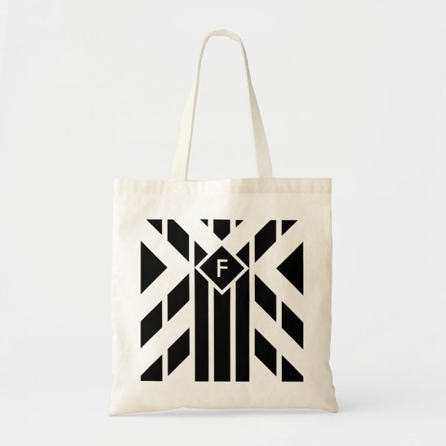 Bolso De Tela Bandas cuadrilaterales negras sobre blanco con mon (Frente)