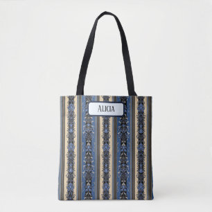 Bolso De Tela Bandas de Damasco azules y doradas