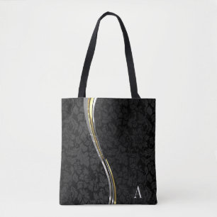 Bolso De Tela Bandas de onda de Damask negro monogramadas