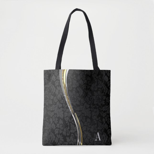 Bolso De Tela Bandas de onda de Damask negro monogramadas (Anverso)