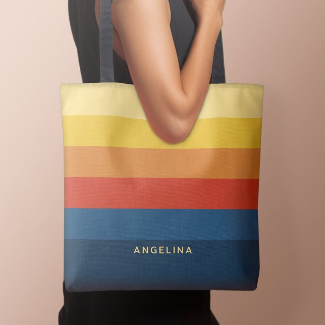 Bolso De Tela Bandas de puesta de sol retro con nombre de serie  (Personalized tote bag with retro stripes and text)
