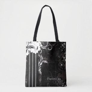 Bolso De Tela Bandas florales en blanco y negro