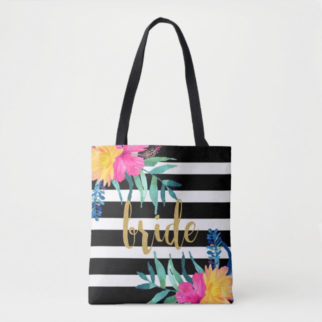 Bolso De Tela Bandas negras y blancas Flores tropicales Bouquet (Anverso)