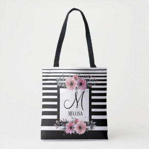 Bolso De Tela Bandas negras y blancas monograma floral rosa
