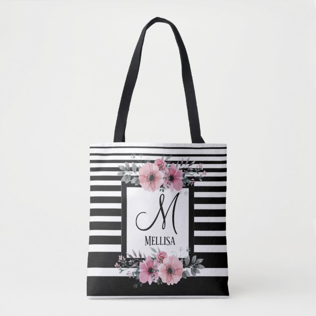Bolso De Tela Bandas negras y blancas monograma floral rosa (Anverso)