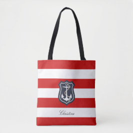Bolso De Tela Bandas rojas y blancas náuticas con tu nombre