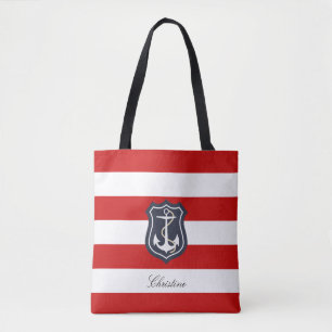 Bolso De Tela Bandas rojas y blancas náuticas con tu nombre