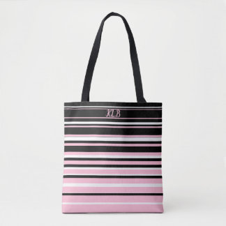 Bolso De Tela Bandas rosadas, negras y blancas monogramadas