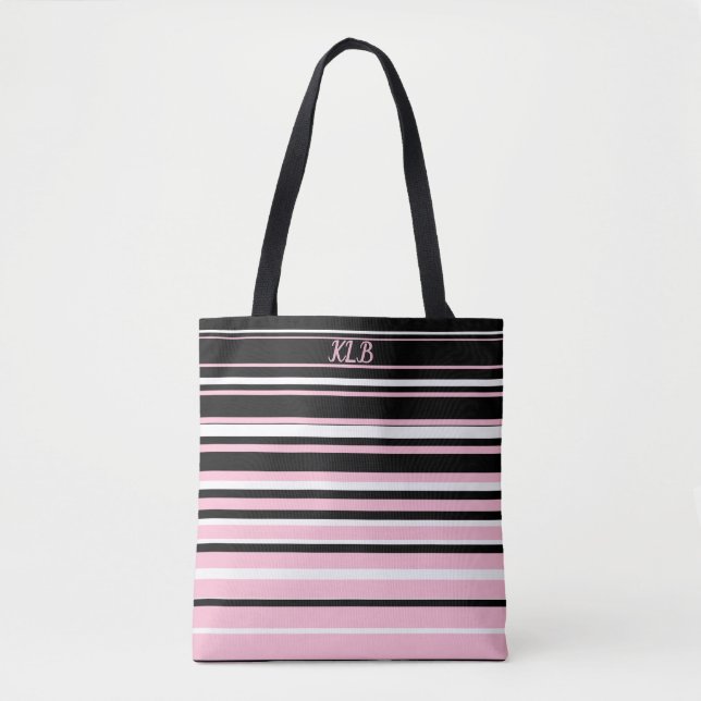 Bolso De Tela Bandas rosadas, negras y blancas monogramadas (Anverso)