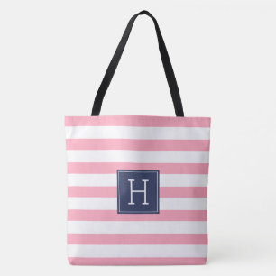 Bolso De Tela Bandas rosadas y monograma azul