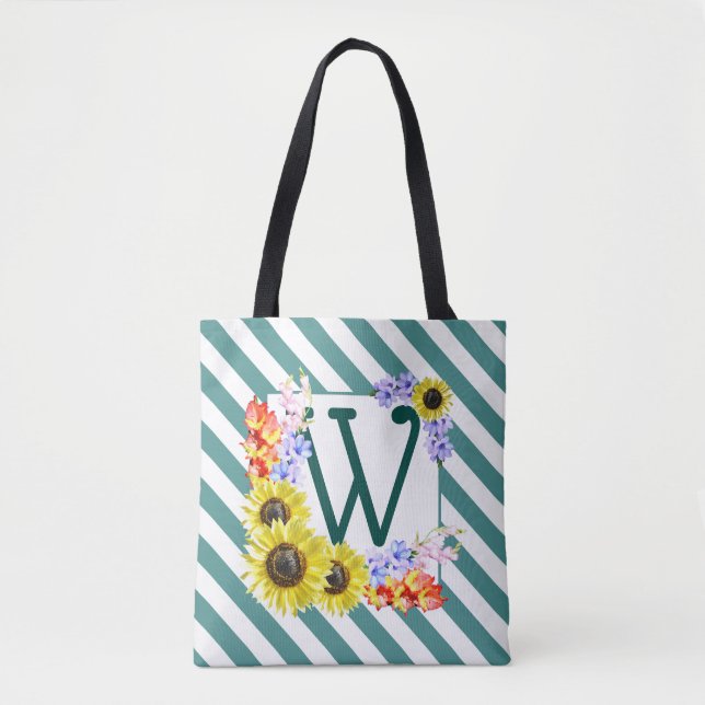 Bolso De Tela Bandas Verde azuladas de girasoles monogramo (Anverso)